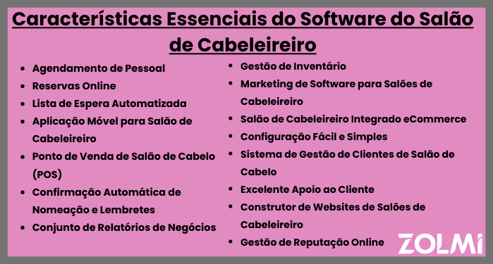 Características essenciais do software do salao de cabeleireiro