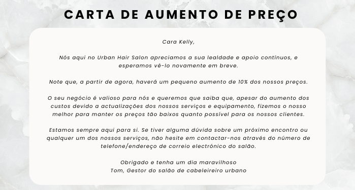 Carta de aumento de preço 