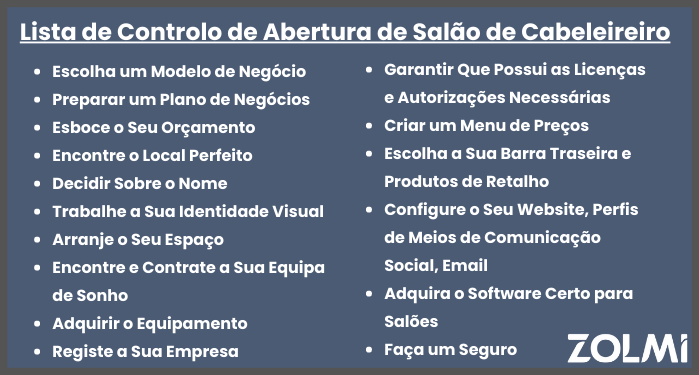 Lista de controlo de abertura de salao de cabeleireiro