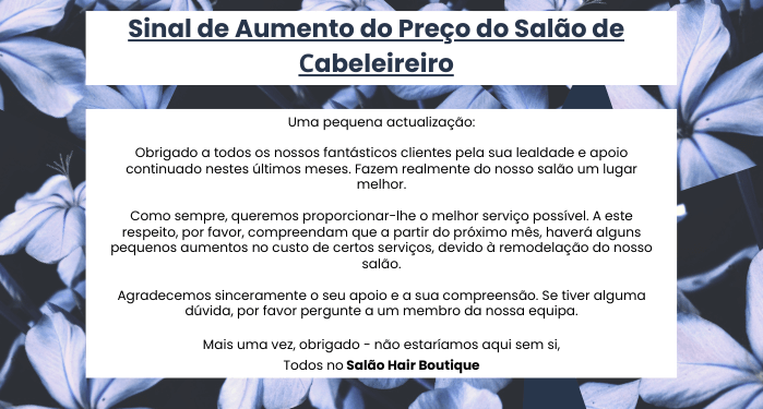Sinal de aumento do precp do salao de cabeleireiro